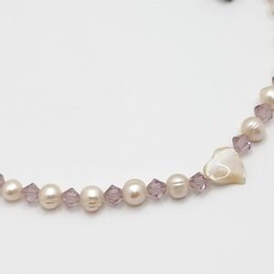 Dainty Cultured Pearl Pink Glass Bead Necklace Mother of Pearl Heart Coquette